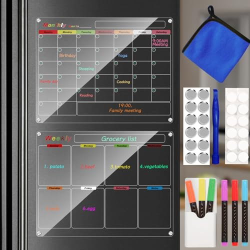 Ninyoon Calendar Meal Planner for Fridge, Magnetic Acrylic Fridge Menu Dry Erase Board with 6 Markers 1 Holder 12 Hanging Hardware 12 Gaskets 1 Towel - 2 Set (Clear - 13x9.8 - Weekly & Monthly)