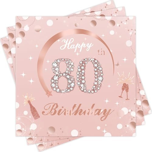 Wentsent 40 Stück Servietten 80. Geburtstag Rose Gold - Happy Birthday Milestone Tischdeko Papierservietten für Frau Feiern Party Jubiläum