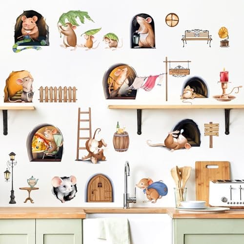 decalmile Adesivi Murali Cucina Topo 3D Adesivi da Parete Buco del Topo Animali Decorazione Murale Ristorante Sala da Pranzo Frigorifero