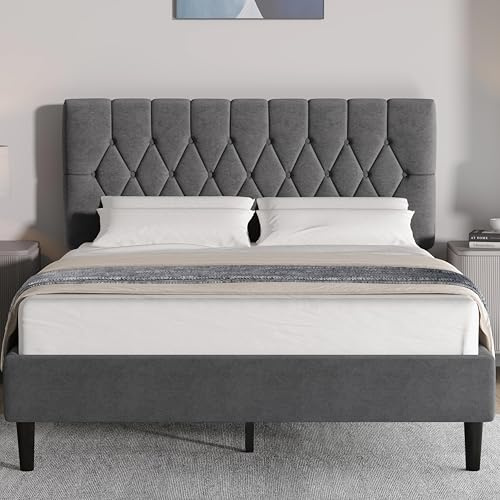 Blisswood 4ft6 Double Bed Frame Noise-Free Upholstered Platform Bed WithTufted Adjustable Headboard/Velvet Fabric Double Bed/Sturdy Wooden Slats Support & Under Bed Storage, 4ft6 Double Bed Dark Grey