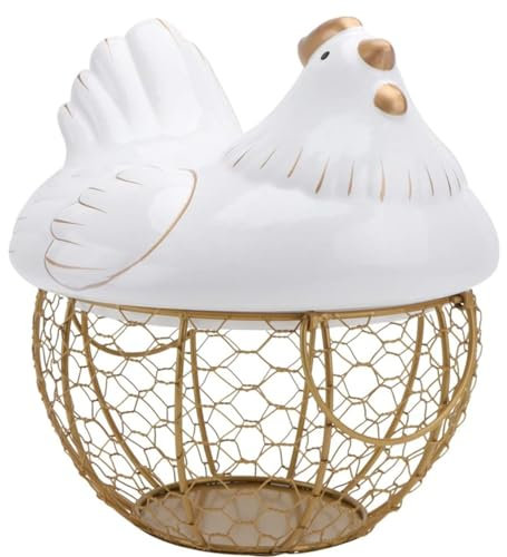 HYKJCSS Huevera Gallina Cesta De Almacenamiento De Huevos De Alambre De Metal, Cesta De Almacenamiento De Frutas con Tapa De Cerámica, con Asas, Puede Contener Huevos Frescos Hueveras