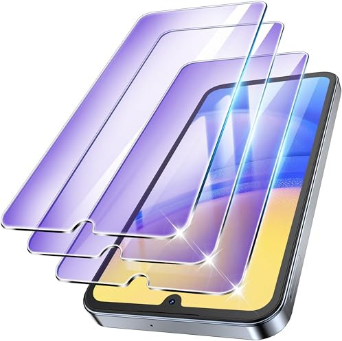Tentoki Verre Trempé Anti-Lumière Bleue pour Samsung Galaxy A15 6,5 Pouces, [lot de 3] vitre Protection écran -sans Bulles d'air -[0.33mm] [Anti Rayures, Dureté 9H] Ultra Transparent