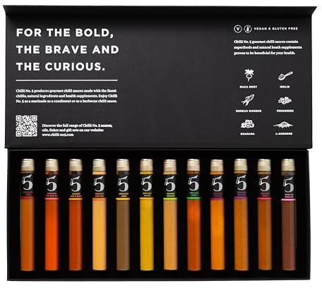 Chilli No. 5 Passport Piccanté | Coffret Sauce Piquante du Monde- 12 flacons en verre de 25 ml, Coffret Cadeau Gourmet, Super-aliments Sains, Végan, Sans Gluten, Sans Arômes