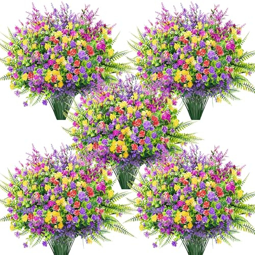 Der Rose 24 Bündeln Kunstblumen für Draußen UV-beständig Bunte Frühlingsblumen als künstliche Blumen für Garten Terrasse Bauernhaus Zuhause und Blumenkästen Balkon Deko