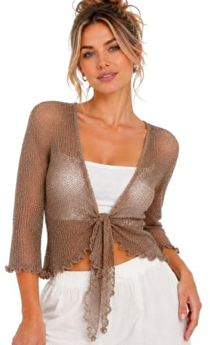 Hamishkane® Women’s Shrugs, Double Fine Knit Bolero Cardigans for Women, 3/4 Sleeve Tie Front Top, Stretchy Cropped Cardigan, Ladies Evening Tops, Lightweight Summer Shrug