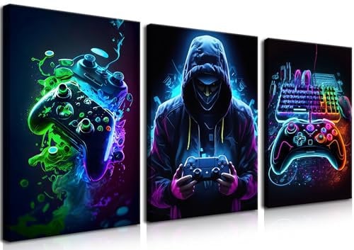 BGFCE Cool Gaming - Juego de 3 lienzos para pared, diseño retro de videojuegos, acuarela, cuadros de neón, gamepad de videojuegos, decoración de pared, sala de juegos, dormitorio, decoración de pared,