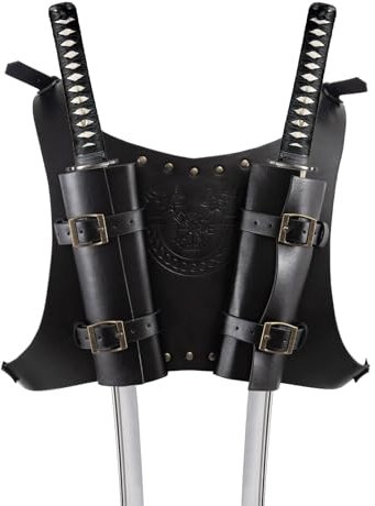 Leather Sword Sheath Holster,Vintage Medieval Double Back Sword Holster Cosplay Sword Belt Frog Adjustable Scabbard Back Holder Shoulder Sheath Viking Warrior Costume Renaissance LARP (BlackA)