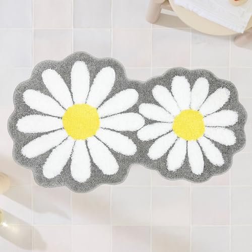 Grauer Badezimmerteppich, Gänseblümchen, niedlicher Badvorleger, Blumenmuster, rutschfest, saugfähig, Mikrofaser, Badezimmerdekoration für Schlafzimmer, adrette Räume, Badewanne, 60 x 100cm