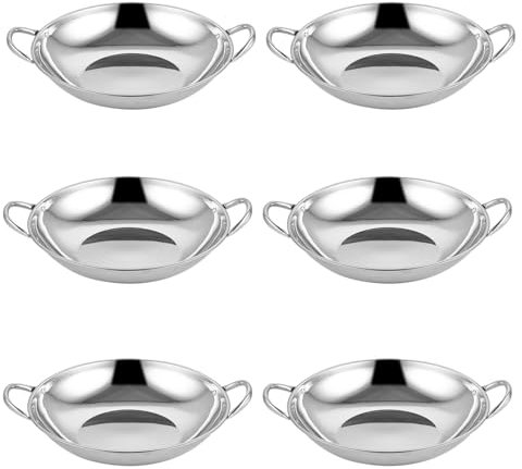 ASelected 6PCS 22cm Balti Serving Dishes,Stainless Steel Karahi Curry Serving Indian Dishes,Silver Indian Curry Serving Karahi Dishes with Handle,Large Batli Bowls for Restaurants,Bars,Indian Cuisine