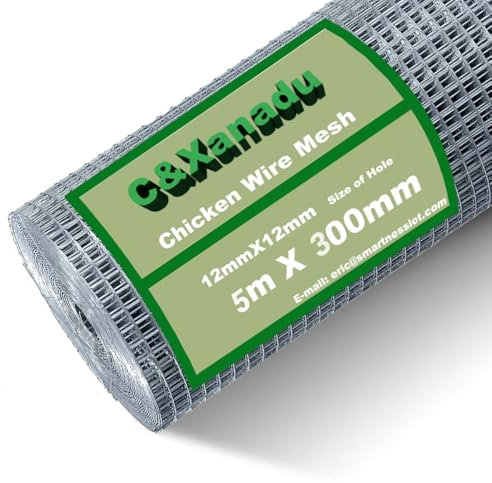 C&Xanad Chicken Wire Mesh Roll,300mm X 5m Garden Wire Fencing,12mm Holes Aviary Wire Mesh, Hot Dip Galvanised Welded Mesh Panels for Poultry Pet Rabbit,Aviary,Garden Fence Animal Barrier.