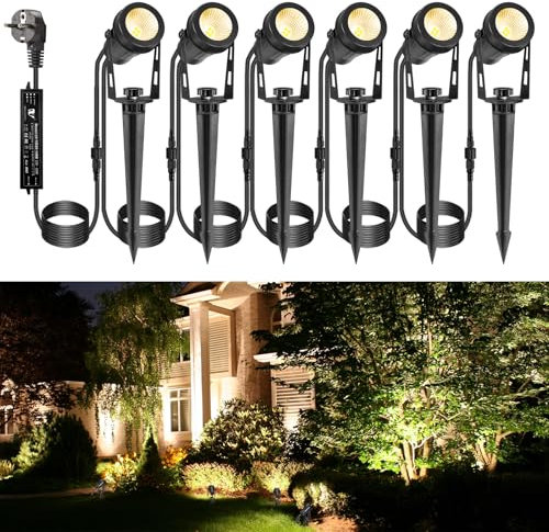 ECOWHO Gartenleuchte LED 12V 3W Gartenstrahler mit Erdspieß und Stecker IP65 Wasserdicht Gartenbeleuchtung Gartenspots mit Kabel für Außen Garten Rasen (Warmweiß 6er-Pack)