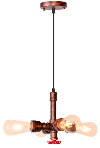 iDEGU Vintage Pendelleuchte, 4 Lichter Hängelampe Wasserrohr Design Industrie Lampe mit E27 Fassung Kronleuchter Retro Hängeleuchte für Esszimmer, Wohnzimmer, Cafe, Restaurant (Rot Rost)