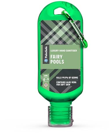 Palm Safe Fairy Pools 60ml Anti Bacterial Premium Hand Sanitiser Travel Size Refillable Clip Bottle Quick Drying Non Sticky Extra Moisturising Kills 99.9% of Viruses and Bacteria