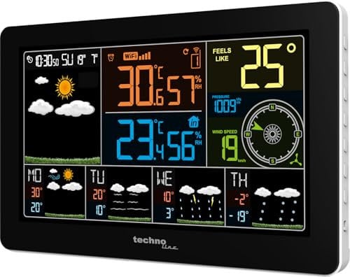 techno line WLAN WD2700, kostenlose DirektWetter App, 4-Tages-Vorhersage, Innen- und Außentemperatur, Innen- und Außenluftfeuchte, Windrichtung- und Geschwindigkeit, Niederschlagswahrscheinlichkeit