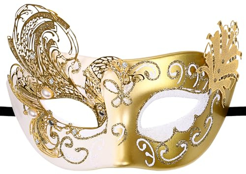 Flongo Masque Venitien Femme Soirée: Demi-masque Carnaval Soiree Bal Masqué Femme Élégance avec Perles et Strass à Rayures Pailletées pour Cosplay,Bal Masqué,Mascarade- Cadeau Halloween