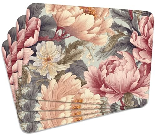 MG Design Set aus 4 Kork-Platzsets – Blooming Peonies – 30 x 40 cm – hitzebeständig & abwischbar, mit Korkrückseite