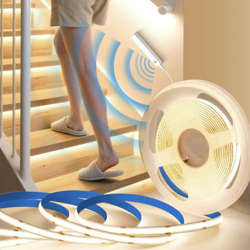 BRIMETI LED Streifen COB Mit Bewegungsmelder LED Band 5M Selbstklebend Batterie 5V Neutralweiß 4000K 8mm Breite 320LEDs/M Dimmbar Flexibel Schneidbar Licht Band DIY für Bett Schrank Flur