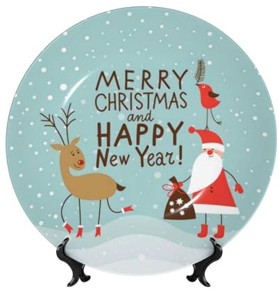 POEZJZW Piatto decorativo in porcellana con scritta Merry Christmas and Happy New Year, decorazione perfetta per casa, ufficio e caffetteria, 17,8 cm