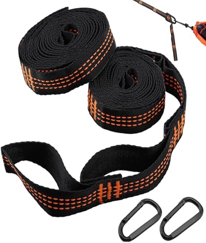 Chtaoxin Heavy Duty Hammock Straps Set 2×2m with Carabiners – Tree Swing Straps 300kg Load, 20 Loops Each, Easy Setup, Camping Accessories for Garden, Outdoor Travel & Backpacking – Black Orange