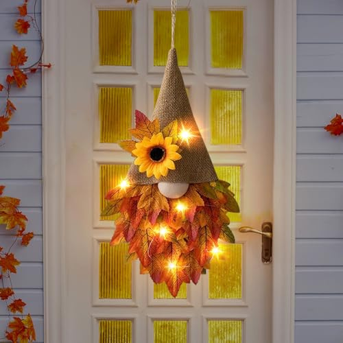 Türkranz Herbst Leuchtend, Herbstkranz Wichtel mit Lichterkette Herbstkranz Haustür mit LED Licht Herbst Deko Wichtel Kranz Hängende Herbstdeko Herbstwichtel WandKranz Türkranz für Haustür Wand (C)