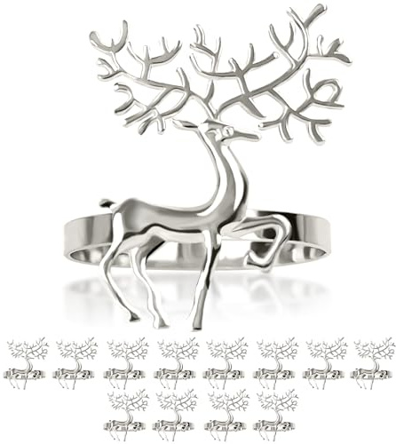 LARDUX Serviettenring mit weihnachtlichen Hirschmotiven, Blumenschnallen, Dekoration, Gastgeschenk für Hochzeit, Urlaub, Bankett, Abendessen, Weihnachten, Tisch, Gold, Silber (Hirsch-Silber), 12 Stück