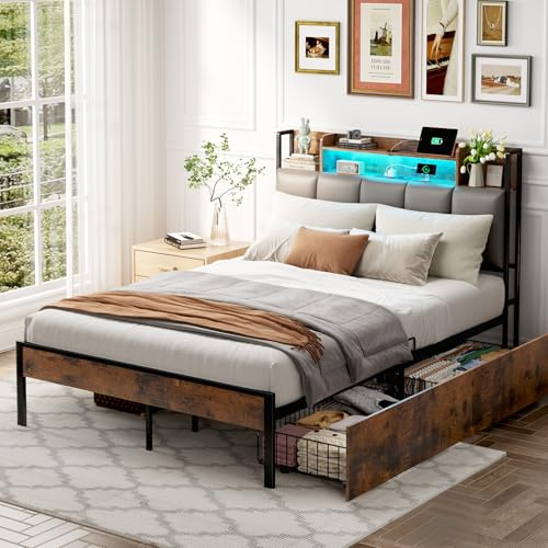 ODK Bett 140x200, Bettgestell mit 2 Schubladen, Betten 140x200 mit Stauraum, Kopfteil mit LED Beleuchtung & (Steckdose/USB), Metall Doppelbett