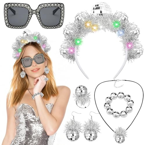 6 Stück Disco Accessoires Damen, LED Disco Haarreif, Discokugel Ohrringe, Partybrille, Glitzerkugel 70er Jahre Kostüm Zubehör, Discokugel Kostüm Damen Accessoires für Fasching Karneval Kostümparty