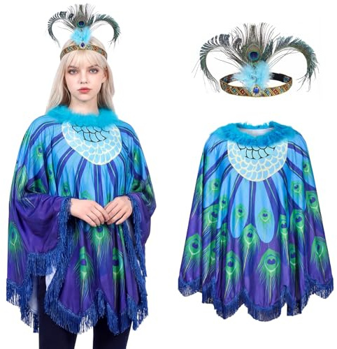 Karneval Pfau Kostüm Damen,Kostüm Pfau Cape Damen Set Umhang für Erwachsene Pfauenfedern Haarband Damen Vogel Pfauen Faschingskostüme AccessoiresFrauen Erwachsene Karneval Halloween Maskerade Party