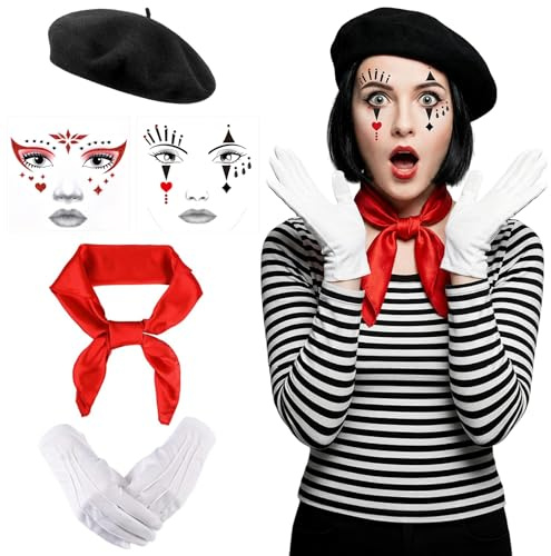 Pantomime Kostüm Damen, 5-Teiliges Mime Set, Schwarze Baskenmütze, Rote Tücher, Weiße Handschuhe, Gesichtstattoo, Faschingskostüme, Perfekt für Cosplay, Mottoparty,Fasching und Karneval (Damen)