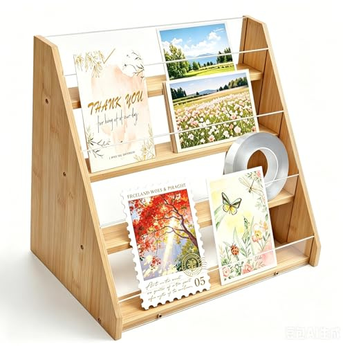 DBREAKS 4 Stöckiger Postkartenständer für Grußkarten - 34x22,7x31cm, Bambus | Postkarten Aufbewahrung aus Bambus & Acryl, Tragbarer Grußkartenständer für Aufkleber, Kartenständer für Tischplatte