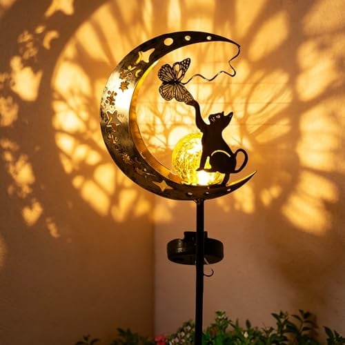 Mond Solarleuchten Garten Deko, Garten Wetterfest mit Katze, Mond Solar Gartenleuchte mit Erdspieß, Metall im Freien Solarlampe Solarleuchte Mond Solarleuchten Garte für draußen Terrasse Hof Rasen