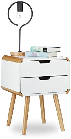 Relaxdays Nachttisch 2 Schubladen, Holz Nachtschrank, platzsparende Schlafzimmer Kommode, HxBxT: 55 x 40 x 40 cm, weiß, 1 Stück