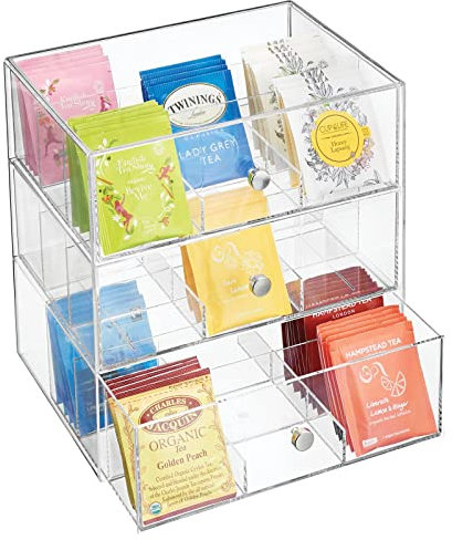 mDesign Organizador de cocina con 3 cajones de plástico – Mini cajonera para infusiones, bolsas de té, sobres de café, azúcar, etc. – Caja de té en plástico – transparente