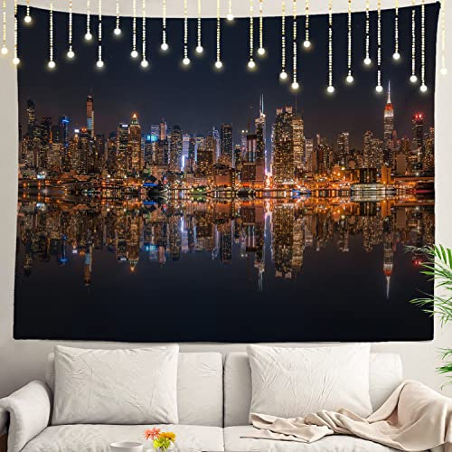 Shrahala New York Tapestry, Manhattan Skyline Night Water Cityscape New York Wall Hanging Large Tapestry Psychedelic Tapestry Decorations Bedroom Living Room Dorm(39.4 x 59.1 Inches, Grey Dusk)