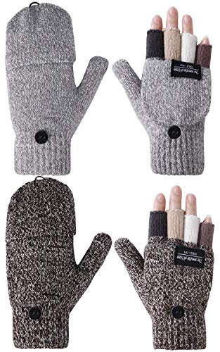 Guantes Invierno para Mujer y Hombre 2 Pares Guantes Sin Dedos Manoplas Convertibles de Guantes de Punto de Mitad de Dedos con Tapa para Esquí Manejar