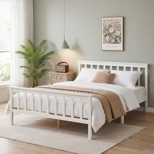 Panana Double Bed Solid Wood Bed Frame White Wooden For Adults, Kids, Teenagers (White)