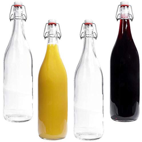 Mikken Lot de 4 bouteilles en verre, 1 l, avec bouchon à étrier en porcelaine, étiquettes