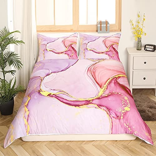 Girly Marble Bedding Set Double Printed Duvet Cover Gold Glitter Pink Purple Abstract Art Comforter Cover for Girls Kids Bedroom Decor Modern Bedspread Cover With Zipper