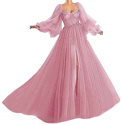 Tomwell Robes de mariée Longue Dentelle Robe de Nuptiale Robes de Bal Tulle Femmes sans Bretelles Rose L