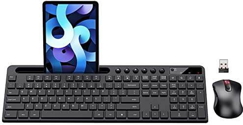 Wireless Keyboard and Mouse Combo, MARVO 2.4G Ergonomic Wireless Computer Keyboard with Phone Tablet Holder, Silent Mouse with 6 Button, Compatible with MacBook, Windows (Black)