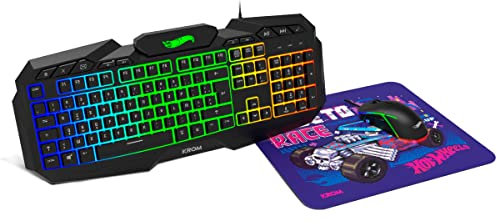 KROM Kit Tastiera e Mouse Hot Wheels KUSTOM - Tastiera Membrana RGB, Ottico 7200 DPI, Tappetino in Tessuto Morbido e Resistente, Layout Francese, Nero