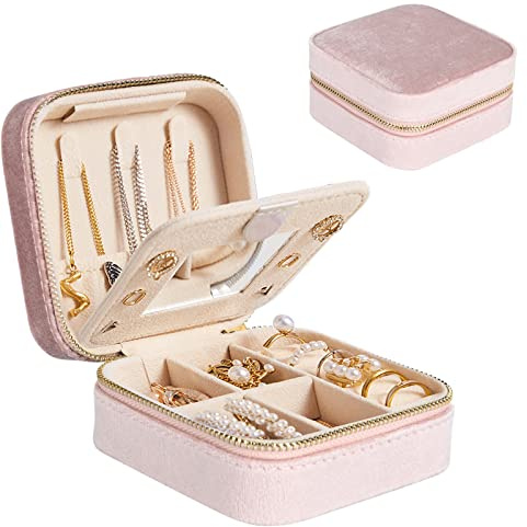 Darbermu Mini Jewelry Box Organiser, Pink Portable Travel Case With Mirror, Velvet Double Layer Bag for Rings, Earrings, Necklaces, Bracelets - Gift for Girls and Women