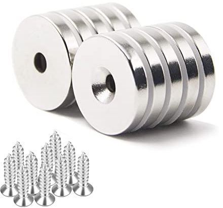 10 Stück Rundmagnete 25 x 5 mm mit Loch, Senkkopf-Topfmagnet mit Schrauben, Neodym-Scheibenmagnete zum Basteln, Whiteboards, Kühlschrank, Zuhause, Küche, Büro