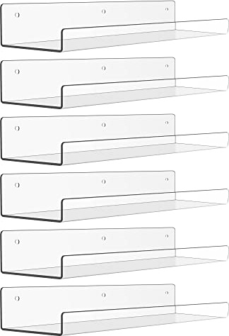 upsimples 6 Pack Acrylic Shelves for Wall Storage, 15 x 4“ Floating Bookshelves for Kids, Display Shelf Organizer for Bathroom, Bedroom, Living Room, Kitchen, Room Decor, Clear