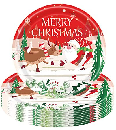 Christmas Party Paper Plates 23cm,16Pc Winter Snowflakes Santa,Snowman,Elk,Gingerbread Man Disposable Paper Plate Christmas Tableware Decor for Winter Holiday Birthday Xmas Party Supplies Decorations