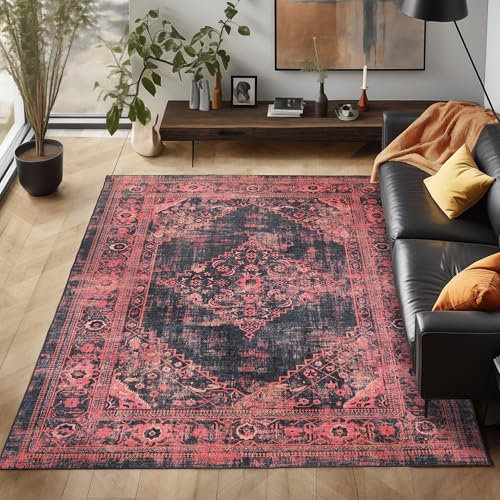 Waschbarer Teppich Flachgewebe Robust Modernes Design Vintage Optik rutschfest Teppich Wohnzimmer, Farbe: Rot, Größe: 160 x 230 cm