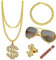 wohn&lebe Dollar Zeichen Goldkette Kit, 5-teiliges Set: Dollarzeichen Halskette, Ringe, Armband, Brille, Cigar - Perfekt für Herren Kostüm, 80er/90er Outfit, Rapper, Fasching Party