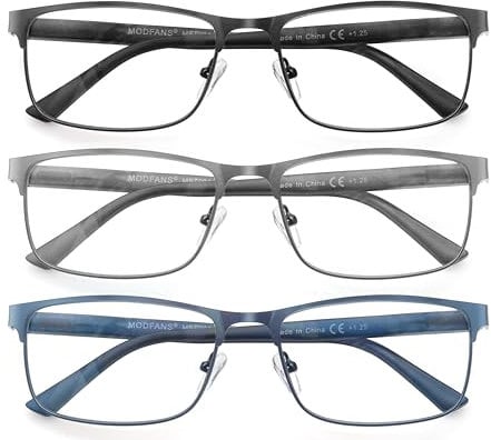 MODFANS 3 Pack Reading Glasses 1.0 Men Blue Light Blocking Metal Frame Rectangle Style Stainless Steel Material Readers Glasses Black Grey Blue