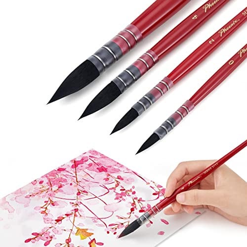 Lightwish Set de pinceaux Aquarelle, 4 pièces Set de pinceaux pour Artistes, Adultes et Amateurs, Pinceau Rond Pointu à Franges pour Aquarelle, Gouache