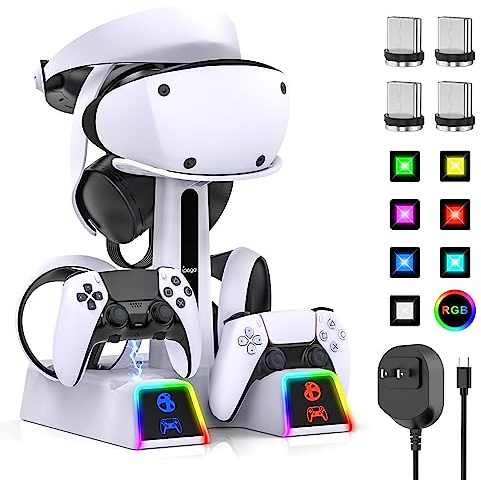 Fastsnail Station de charge RVB pour PS VR2/PS5/PS5 avec 10 LED | Station de chargement sans fil avec adaptateur 5 V/3 A pour Playstation 5, support de charge avec support de casque VR2